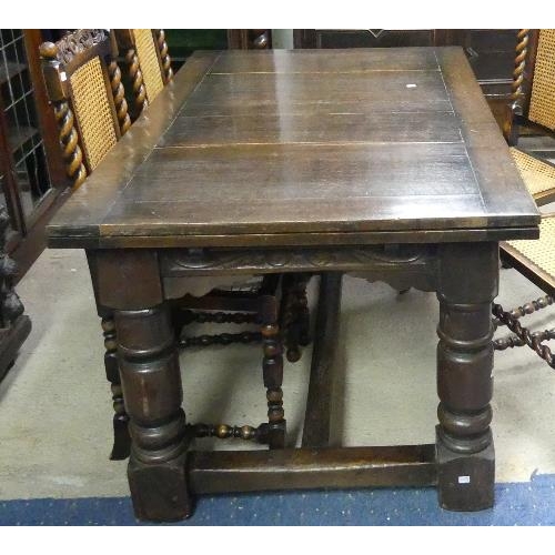 65 - An antique oak Trestle Table base, with later table top, width 54in x depth 36in, (137cm x 94cm)