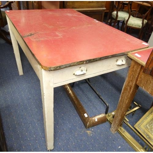 92 - An early 20thC white painted pine Kitchen Table, with a drawer each end and red melamine top, width ... 