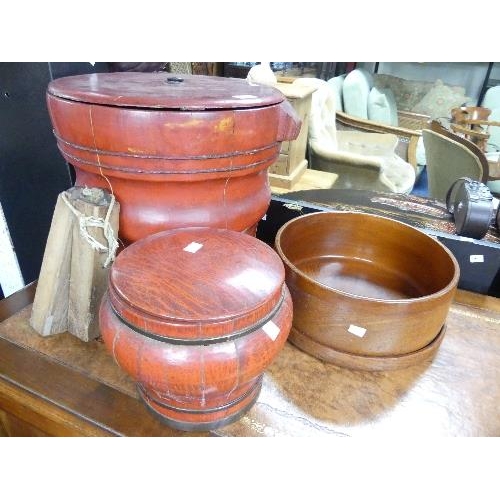 98 - A pair of oriental red lacquer wire-bound buckets, width 13in x depth 13in x height 16 (33cm x 33cm ... 