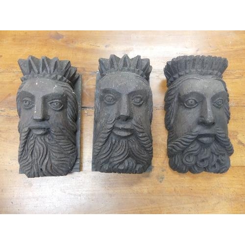 458 - A set of three Victorian oak carved Masks, depicting bearded and crowned men, approximately length 1... 