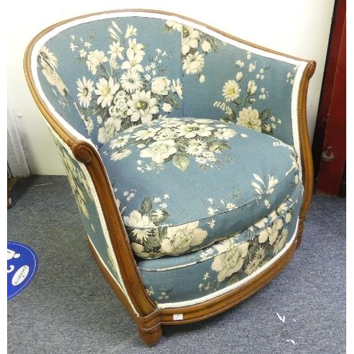 468 - An Art Deco style walnut framed Tub Chair, upholstered in china blue floral linen union.