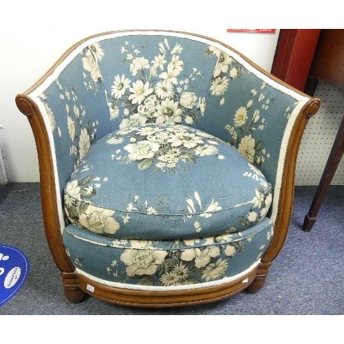 468 - An Art Deco style walnut framed Tub Chair, upholstered in china blue floral linen union.