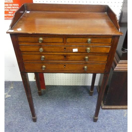 492 - A Victorian inlaid mahogany Work Table, with two short above three long narrow drawers, raised on sq... 