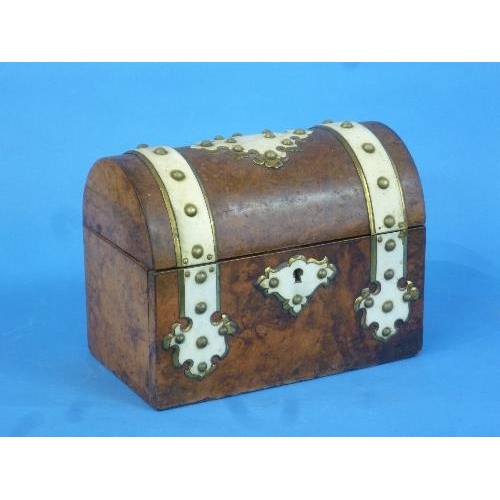 493 - A Victorian burr walnut domed Tea Caddy, with brass and bone mountings, the interior boxes both with... 