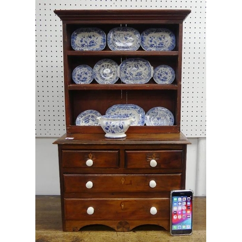 501 - An antique apprentice piece stained pine Chest of Drawers, with inlaid decoration, feet reduced, wit... 