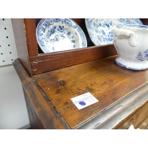 501 - An antique apprentice piece stained pine Chest of Drawers, with inlaid decoration, feet reduced, wit... 