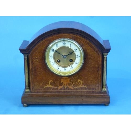 506 - An early 20th century French mahogany and inlaid Mantel Clock, of arched form with circular dial, br... 