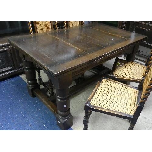 65 - An antique oak Trestle Table base, with later table top, width 54in x depth 36in, (137cm x 94cm)