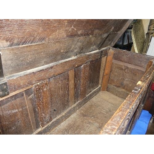 68 - An 18thC Carved oak triple panel Coffer, on style feet, width 46in x depth 19in x height 23in (116cm... 