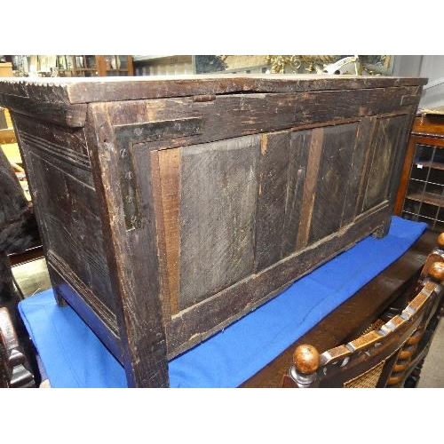 68 - An 18thC Carved oak triple panel Coffer, on style feet, width 46in x depth 19in x height 23in (116cm... 