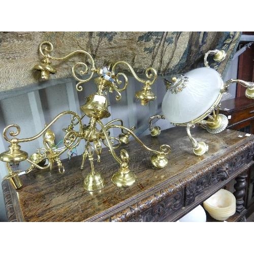 84 - A nine-branch two-tier brass Chandelier, width 27in x height 26in (68cm x 66cm), with matching two-b... 