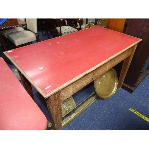 93 - An early 20thC oak Kitchen Table, with two frieze drawers and red melamine top, width 48in x depth 2... 