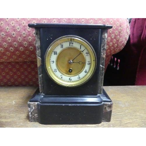 110 - A Victorian slate Mantle Clock, 8in (20cm) wide, 5in (12.5cm) deep, 9in (23cm) high.