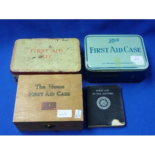 116 - Three vintage First Aid Cases, including Boots wooden 'The Home First Aid Case', together with a Kel... 