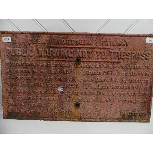 642 - WITHDRAWN Railwayana; A GNR cast iron Trespass Sign, 28in (71cm) x 16in (41cm)