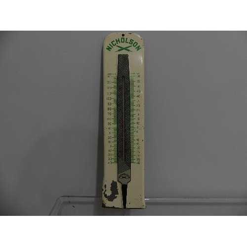 643 - WITHDRAWN A 'Nicholson Files' painted Advertising Thermometer, 14in (36cm) high, together with a Wol... 