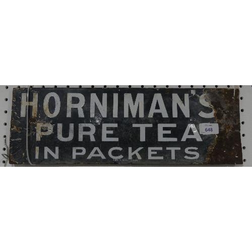 648 - Horniman's Tea; a double sided enamel Advertising Sign, Horniman's Pure Tea in Packets, 6in x 18in (... 