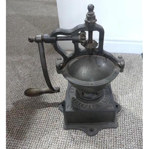 662 - An early 20thC cast iron Coffee Grinder, by Peugeot Freres (2A) with wooden crank handle and collect... 