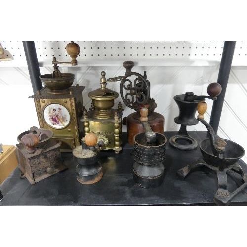 664 - An early 20thC Continental brass Coffee Grinder, with wooden handle knob and collection drawer, deco... 