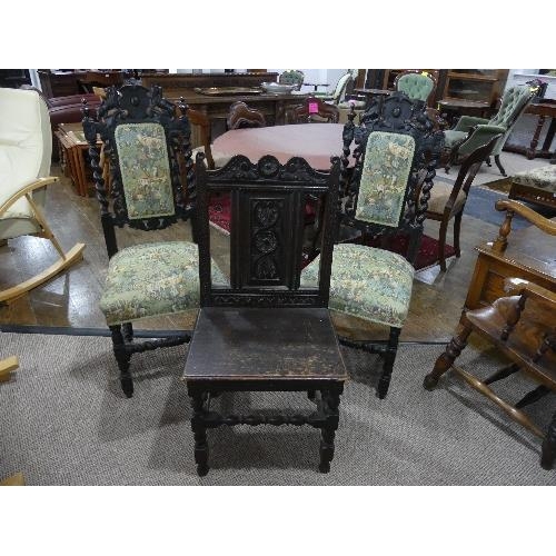 70 - A Pair of Victorian carved oak Carolean style Side Chairs, together with a Victorian oak hall chair ... 