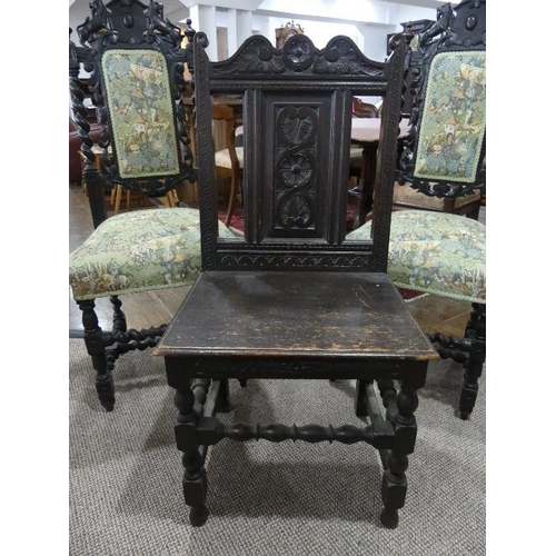 70 - A Pair of Victorian carved oak Carolean style Side Chairs, together with a Victorian oak hall chair ... 