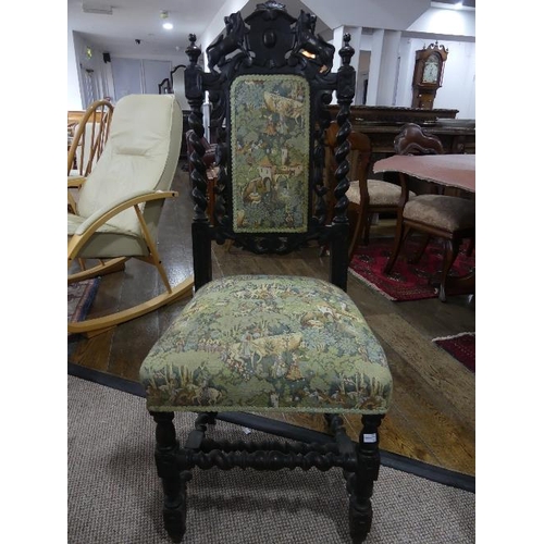 70 - A Pair of Victorian carved oak Carolean style Side Chairs, together with a Victorian oak hall chair ... 