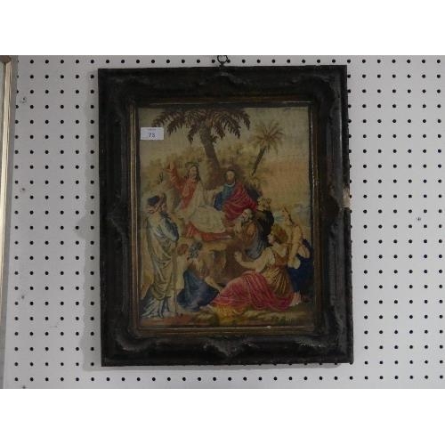 73 - A Victorian embroidered Biblical Picture, depicting Jesus preaching to his desciples, 14in x 11in (3... 