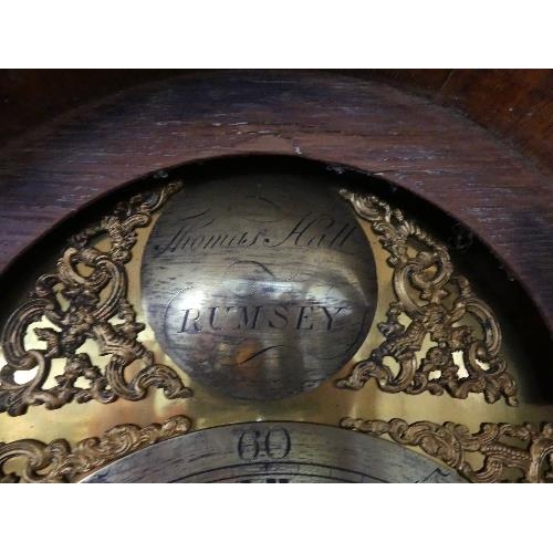 76 - A Georgian oak 8-day Longcase Clock, signed Thomas Hall, Rumsey, with 12in (28cm) arched brass dial,... 