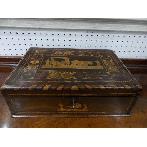 99 - An early 19thC marquetry Deed Box, the whole inlaid with fruitwood with figures, scenes and patterns... 