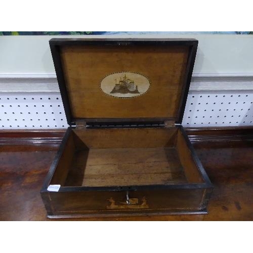 99 - An early 19thC marquetry Deed Box, the whole inlaid with fruitwood with figures, scenes and patterns... 