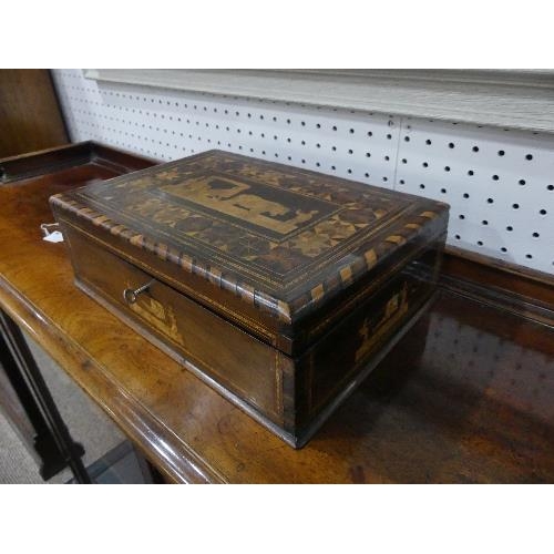 99 - An early 19thC marquetry Deed Box, the whole inlaid with fruitwood with figures, scenes and patterns... 