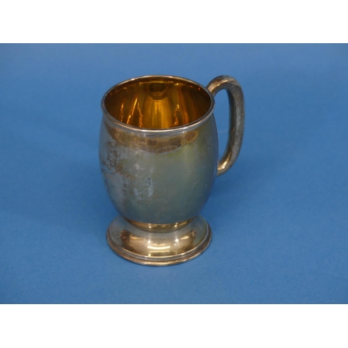 47 - A George V silver Christening Mug, hallmarked Birmingham, 1927, of circular form with plain ring han... 