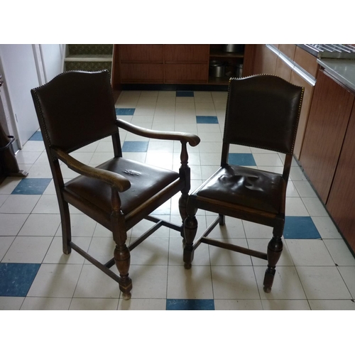 620 - A set of seven early 20thC oak Dining Chairs, with studded leather upholstery, including one carver ... 