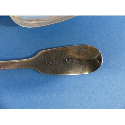 66 - A pair of silver Dessert Spoons, hallmarked London, 1846, fiddle pattern with initials, together wit... 