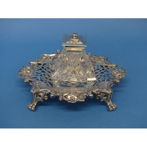 76 - A Victorian silver Inkstand, by Henry Wilkinson & Co., hallmarked Sheffield, 1851, of pierced diamon... 