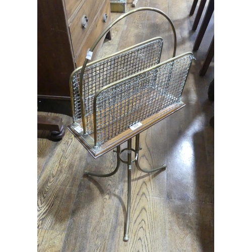 604 - An antique brass and mahogany Magazine Rack, the three brass and mesh dividers on mahogany board, ra... 