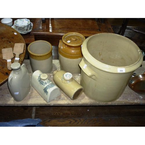 606 - Vintage stoneware: three Jars and three foot warmers, together with three antique copper pans, brass... 