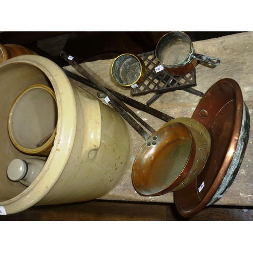 606 - Vintage stoneware: three Jars and three foot warmers, together with three antique copper pans, brass... 