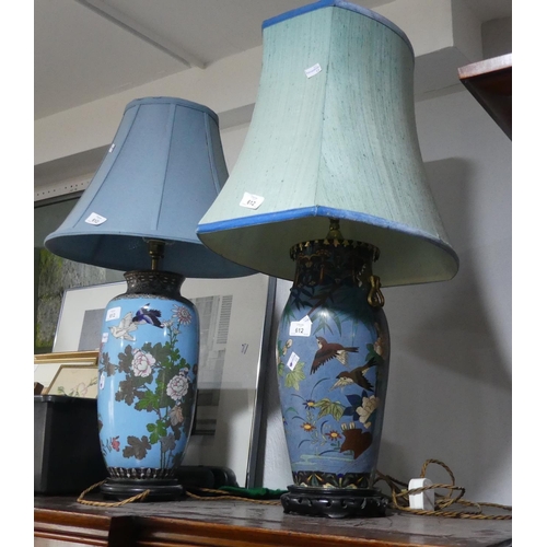 612 - Two early 20thC Japanese Cloisonne vases, later turned into lampbases, each blue ground decorated wi... 