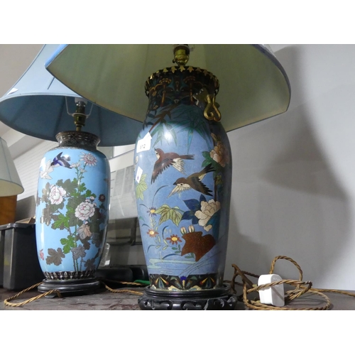 612 - Two early 20thC Japanese Cloisonne vases, later turned into lampbases, each blue ground decorated wi... 