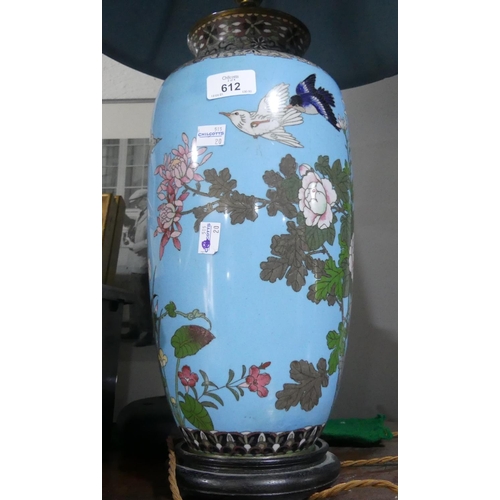 612 - Two early 20thC Japanese Cloisonne vases, later turned into lampbases, each blue ground decorated wi... 