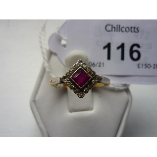 116 - An Art Deco ruby and diamond Dress Ring, the central square cut ruby within a border of sixteen smal... 