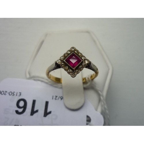 116 - An Art Deco ruby and diamond Dress Ring, the central square cut ruby within a border of sixteen smal... 