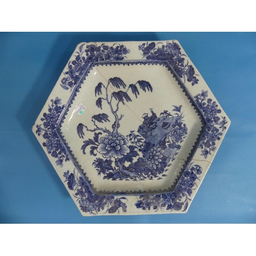 108 - A 19th century Chinese blue and white porcelain hexagonal Dish, decorated with willow tree and flora... 