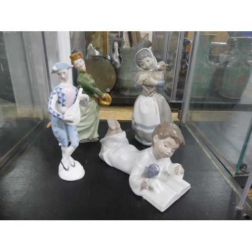 112 - Two Royal Doulton Figurines, Grace HN 2318, and Harlequin HN 2186, together with two Nao figurines (... 