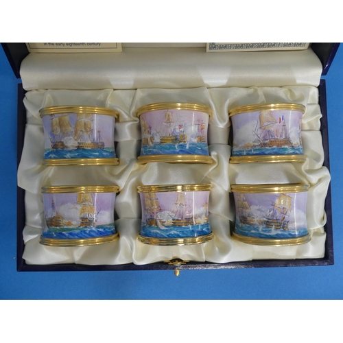 120 - Peter Graves for Moorcroft, a cased set of six Limited Edition painted enamel 'Trafalgar' Napkin Rin... 