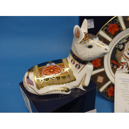 130 - A Royal Crown Derby Limited Edition 'Thistle - Donkey' Set, comprising a 'Thistle - Donkey' 2001 pla... 