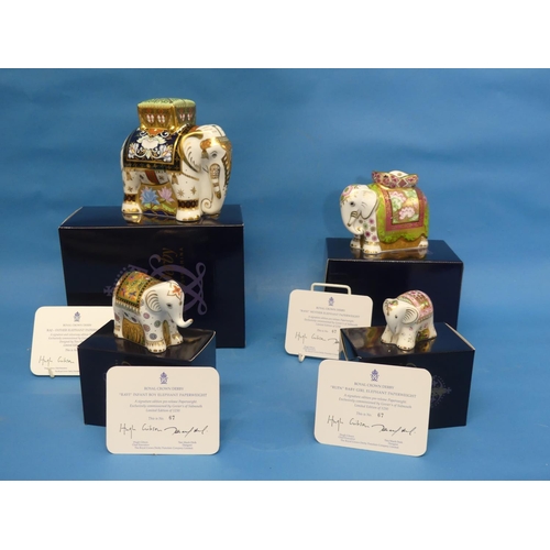 132 - A set of four Royal Crown Derby elephant Paperweights, comprising 'Raj' signature and colourway edit... 