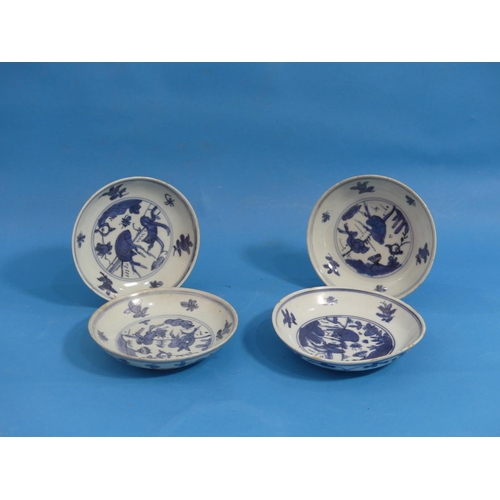 151 - A set of four antique oriental blue and white porcelain Saucer Dishes, painted with animals, square ... 