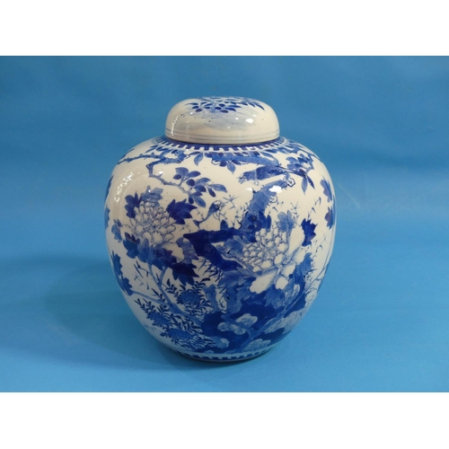 152 - A Chinese blue and white porcelain Ginger Jar and Cover, painted with bird, butterflies and chrysant... 